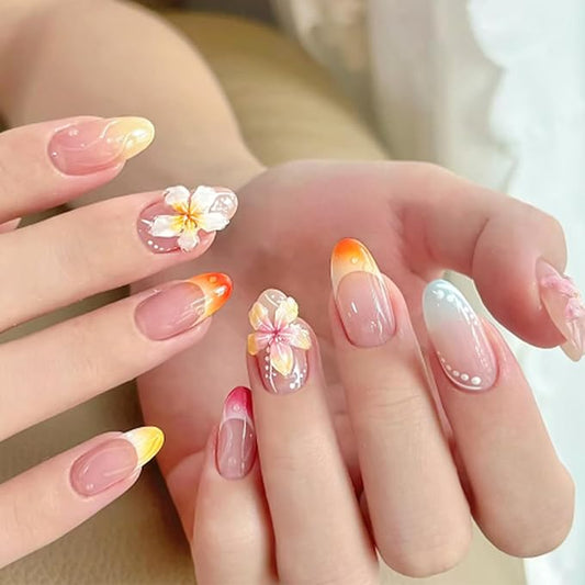 3D Flower Press on Nails Medium Almond Fake Nails Colorful French Tip Acrylic Nails Summer Glue on Nails Almond Shape False Nails Tip Full Cover Artificial Stick on Nails for Women DIY Manicure 24Pcs