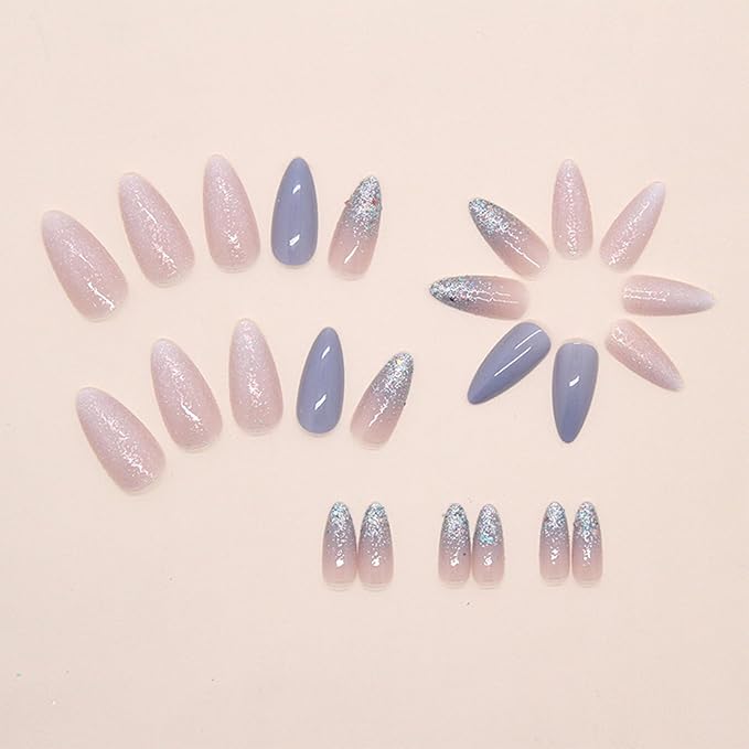 IMRAIN Press on Nails Medium Almond Fake Nails Blue Glitter Glossy Glue on Nails Full Cover White Acrylic Stiletto False Nails with Bling