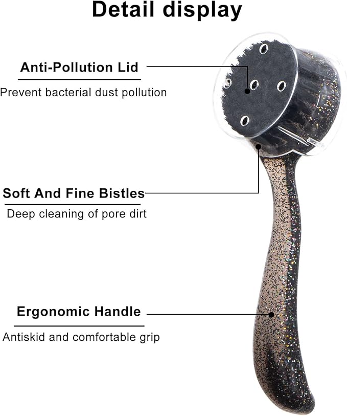 3 Pcs Large Handheld Face Scrubber, Beomeen Facial Cleansing Brush Charcoal Black Bristles Face Exfoliator Cleaner Soft Brush with Lid for Gentle Deep Cleansing and Exfoliating (Black-Glitter)
