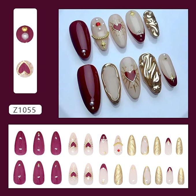 24Pcs Gold Press on Nails Medium Almond Fake Nails 3D Star Heart with Rhinestones Glitter Designs Full Cover Stick on Nails Red French Tip False Nails for Women Girls Acrylic Manicure Decorations