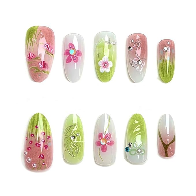 24Pcs Spring Summer Press on Nails Medium Almond Fake Nails 3D Flowers Butterfly Bow Pearl Design Full Cover Stick on Nails Reusable Green Pink Nails Flower False Nails for Women Girls Acrylic Nails