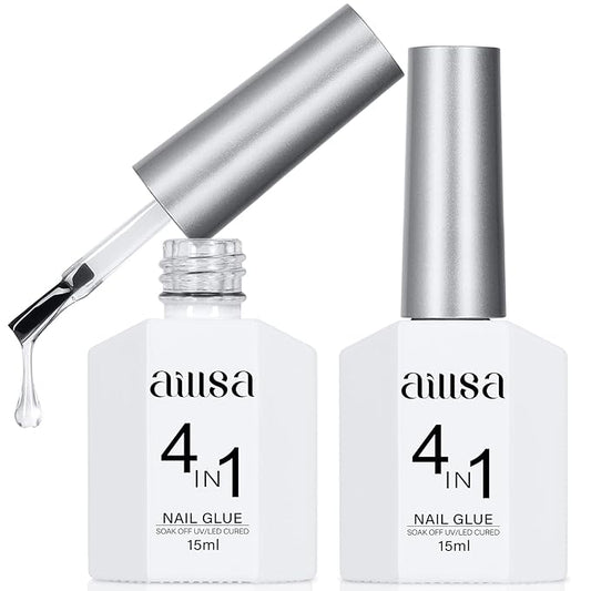 AILLSA 2PCS Gel Nail Glue for Acrylic Nails, 4 in 1 Super Strong Adhesive for False Tips, UV Curing Needed, 15ml High Capacity Extension Brush On for Rhinestone Pearl Foil