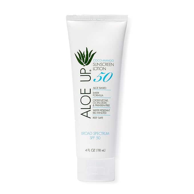 Aloe Up SPF 50 Sunscreen for Sensitive Skin - Broad Spectrum Face and Body Sunblock with Aloe Vera - Reef-Safe, Hydrating Coco-Mango Fragrance, 4 Oz