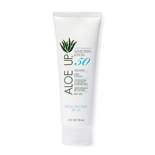 Aloe Up SPF 50 Sunscreen for Sensitive Skin - Broad Spectrum Face and Body Sunblock with Aloe Vera - Reef-Safe, Hydrating Coco-Mango Fragrance, 4 Oz