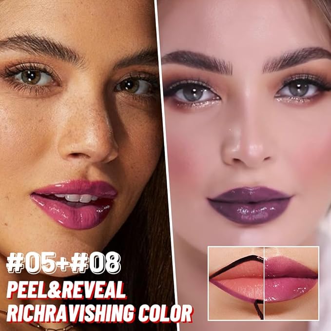 2Pcs Lip Stain Peel Off Lip Gloss oil Dual-Ended Combo, Lips Liner Stain Peel Off Masque, Long Lasting & Waterproof, Transfer-Proof Lip Tint Stain with Lip oil for All Skin Type 05#+08#