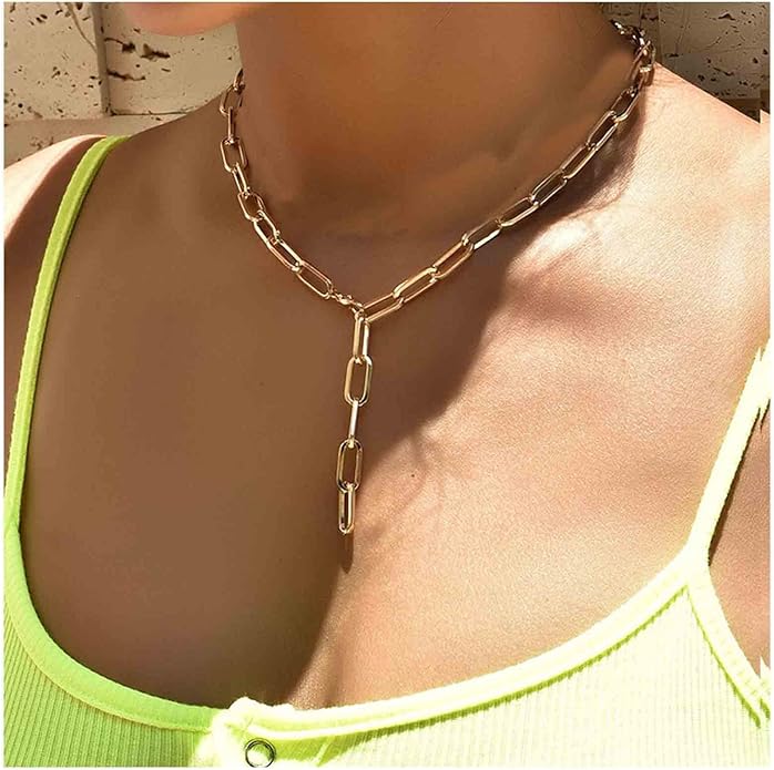 Boho Link Chain Y Necklace Gold Chain Lariat Necklace Chunky Chain Drop Necklace Paperclip Statement Necklace Jewelry for Women