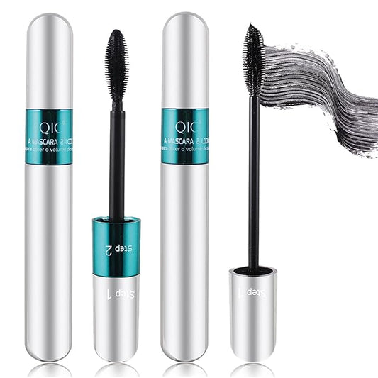 2 Pack 2 in 1 QIC Mascara, 5x Longer Washable Black Mascara, 4D Silk Fiber Lash 2 Step Mascara, No Clumping, Long-lasting Waterproof Mascara, Lash Cosmetics Beauty Eye Make up