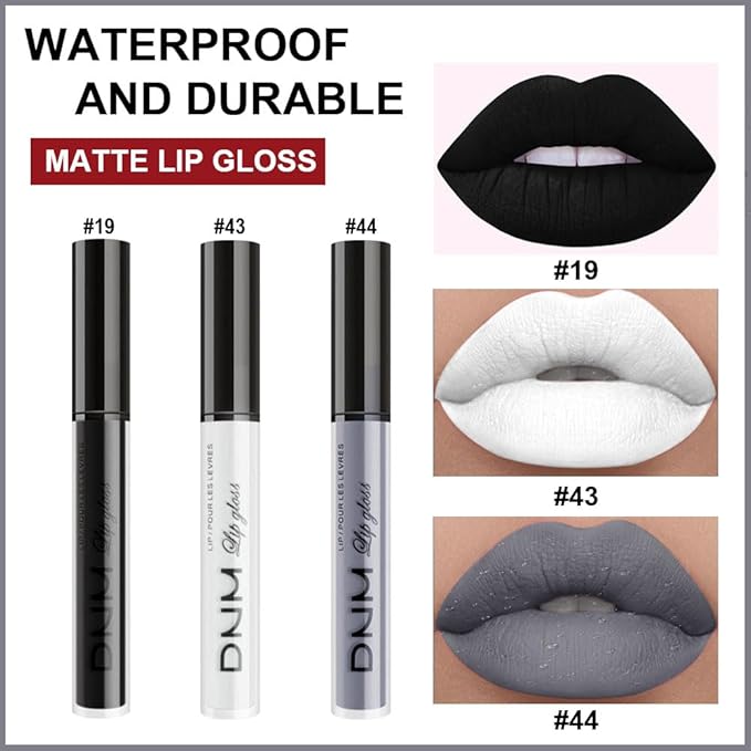 evpct 3Pcs Dark Black Grey Gray White Matte Liquid Lipstick Lip Stain Sets for Women Matte+Lipstick Long Lasting Permanent 24 hr Hours Magic Lipstick 24 Hours original Waterproof 16#