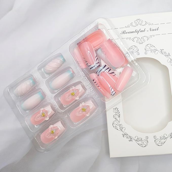 24Pcs Blue White Gradient Press on Nails Long Square Fake Nails with Zebra Stripe Designs French Tip False Nails 3D Flowers Water Ripple Glue on Nails Summer Reusable Stick on Nails for Women Girls