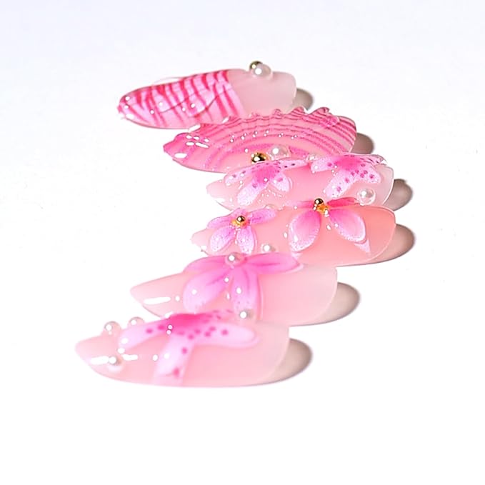 30Pcs Flower Press on Nails Medium Almond Fake Nails with 3D Pearl Floral Designs Pink False Nails Stick on Nail Summer Ocean Beach Acrylic Nails Flowers and Pearls Glue on Nail for Women
