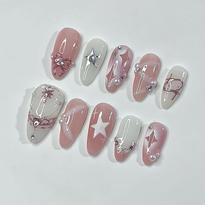 24Pcs Pink Almond Press on Nails Medium French Tip Fake Nails Silvery White Star Glue on Nails with 3D Pearl Rhinestones Full Cover Handmade False Nails Bow Acrylic Nails for Women Stick on Nails