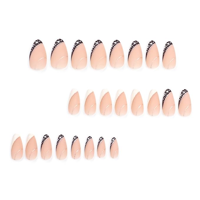 Gold Line Almond Press on Nails - Medium French Tip False Nails with Designs - Glue on Full Cover Acrylic Nails Art DIY Stick on Nails for Women - 24 Pcs