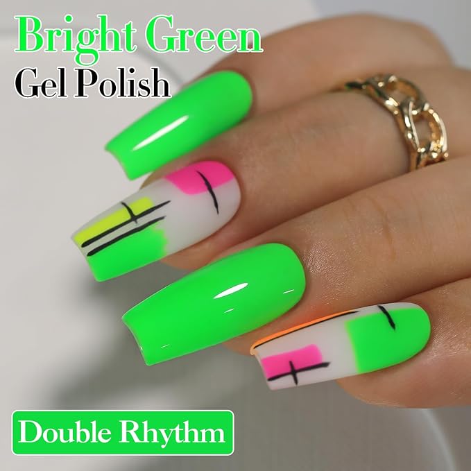 Double Rhythm Translucent Gel Polish Sheer Neutral Natural Light Milky Same Color Same Bottle 15ML Jelly UV Nail Polish Nail Art DIY at Home (Neon Glow Green-A1421)