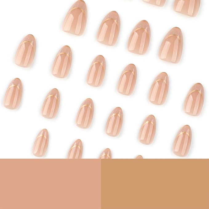 Short Almond Press On Nails – Nude Glitter French Tips with Gold Outline, Glossy Acrylic Fake Nails, Reusable Stick On Nails Kit with Glue for Women, Elegant Shimmery Manicure Set