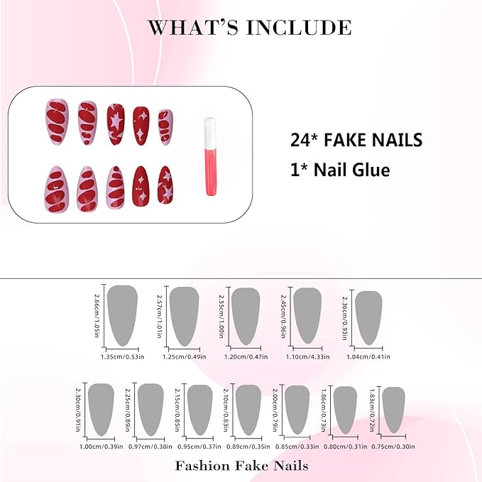 IMRAIN Medium Press on Nails Almond Fake Nails Red Pink False Nails with Star Designs Glossy Full Cover Acrylic Stick on Nails for Women Girls 24Pcs