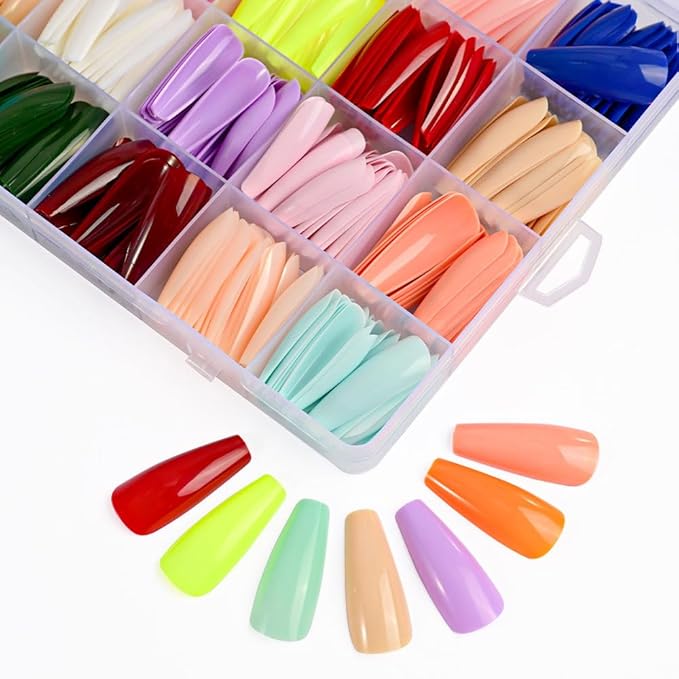 576Pcs Long Press on Nails Coffin Fake Nails Solid Color False Nails Full Cover Glossy Acrylic Glue on Nails Reusable Artificial Acrylic Stick on Nail for Women Manicure 24 Color