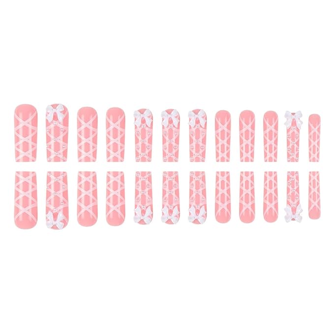 Long Press on Nails Square Fake Nails Cute False Nails Pink Artificial Nails with White Bow Designs Stick on Nails for Women 24pcs