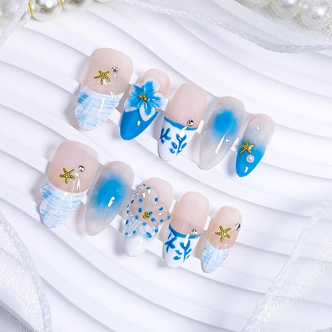 10Pcs Blue Flower Press on Nails Medium Almond Handmade Fake Nails 3D Flower with Gold Starfish Summer Press Ons Designs Stick on Nails French Tip False Nails for Acrylic Manicure Decorations Tips
