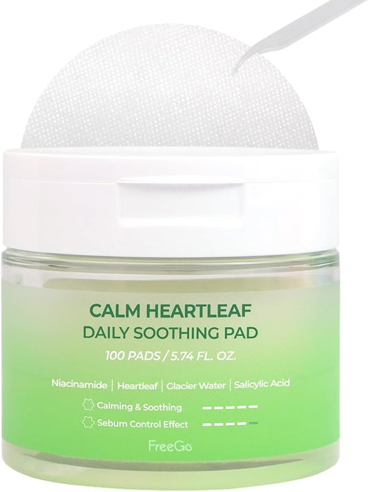 FreeGo Calm Heartleaf Daily Soothing Pad (100 Pads), K-Beauty Facial Toner Pads for Sensitive or Acne-Prone Skin, Instant Soothing Skin Repair