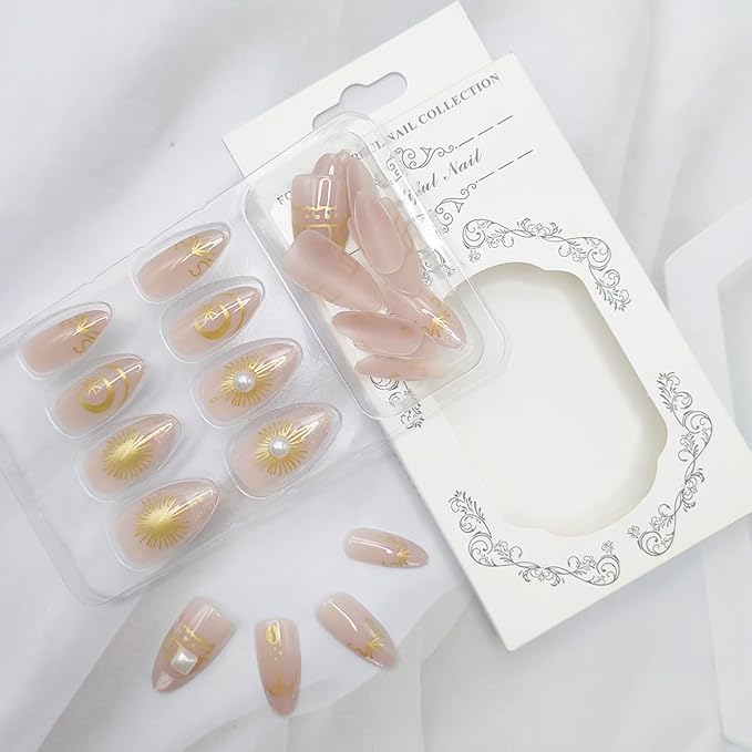 24Pcs Silver Glitter French Tip Press on Nails Medium Almond Fake Nails Gold Star Moon Sun False Nails with Pearl Designs Reusable Nude Acrylic Nails Full Cover Stick on Nails for Women Daily wear