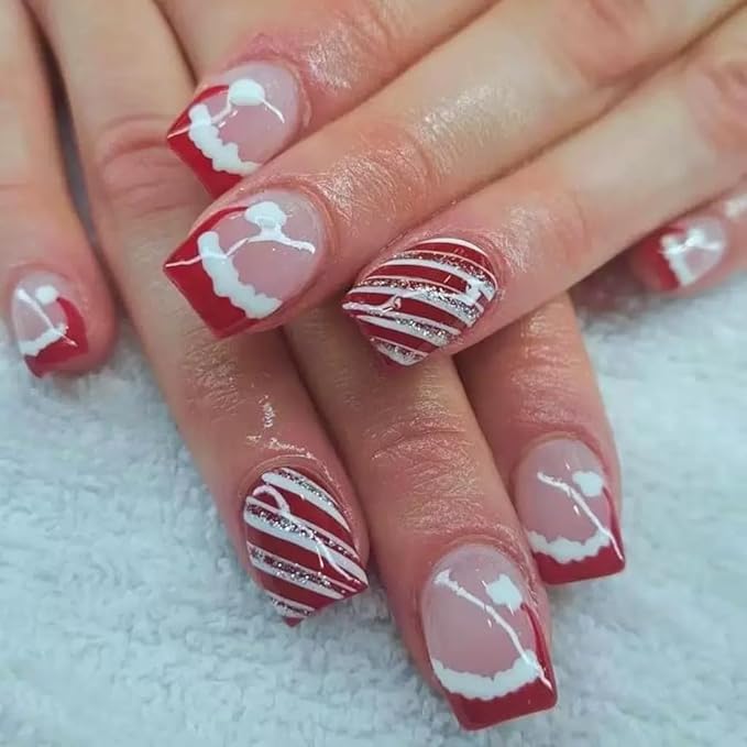 6 Packs (144 Pcs) Christmas Press on Nails Almond, Short Square Press on Nails, with Christmas Tree Snowflake Design Red Green Fake Nails for Women - 12 Sizes, 6 Styles