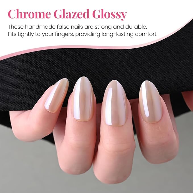 Press on Nails Short Almond - Nude Beige Chrome Glazed Glossy Press on Nail Tips Glue On Nails with Nail Glue for Gift, Reusable Stick On Nails in 15 Sizes 30 Full Cover Acrylic Soft Gel Fake Nail Kit