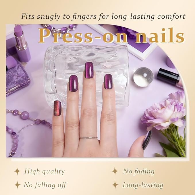 Purple Cat Eye Press on Nails Medium Square, Medium Square Glue on Fake Nails for Women Gift, Dark Purple Holographic Glitter Glossy Reusable Soft Gel Stick Press on Acrylic False Nail with Designs