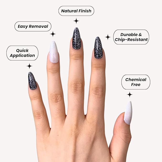 Perfect Look Press On Nails - Star Dust | No Glue One-Day Long Almond Nails, White and Black Glitter with Glossy Finish - 24 Pcs Nail Kit with Adhesive Tabs