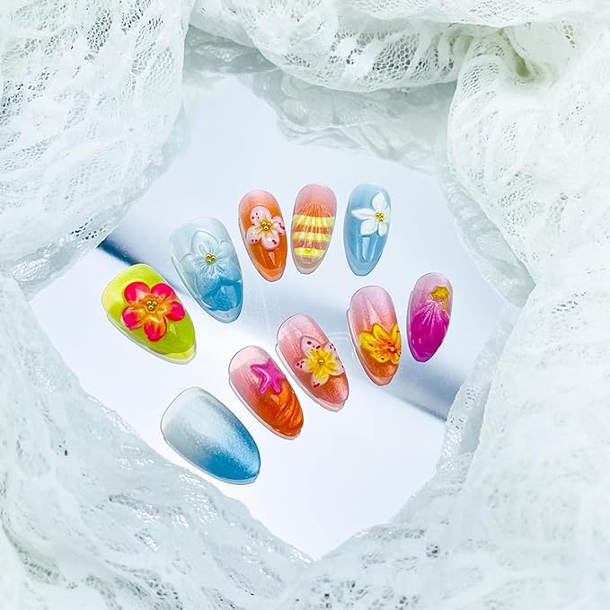 30pcs Cute Flower Press on Nails Short Almond Fake Nails With 3d Colorful Floral Gold Beads Designs Summer Autumn Flowers False Nails Star Artificial Nail Tips Glossy Glue on Nails For Women Manicure