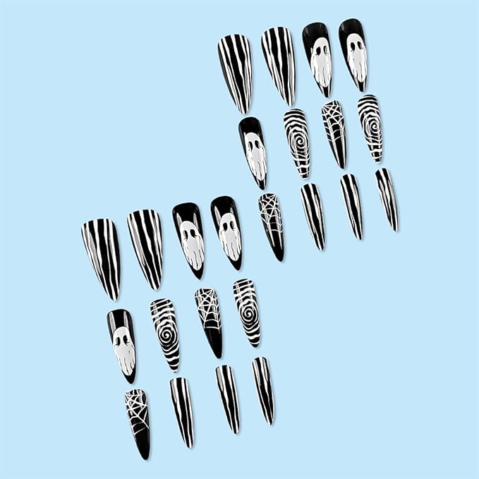 24Pcs Halloween Press on Medium Almond Goth Fake Nails White Ghost with Black Nails Full Cover Glue on Nail Reusable Spider Web False Nails Horror Stick on Nail for Women Acrylic Nail Decorations