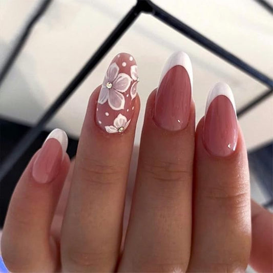 IMRAIN Flower Press on Nails Medium Almond Fake Nails White French Tips Nail Supplies Glossy Glue on Nails Artificial Acrylic Full Cover Spring Floral False Nails for Women Manicure 24Pcs