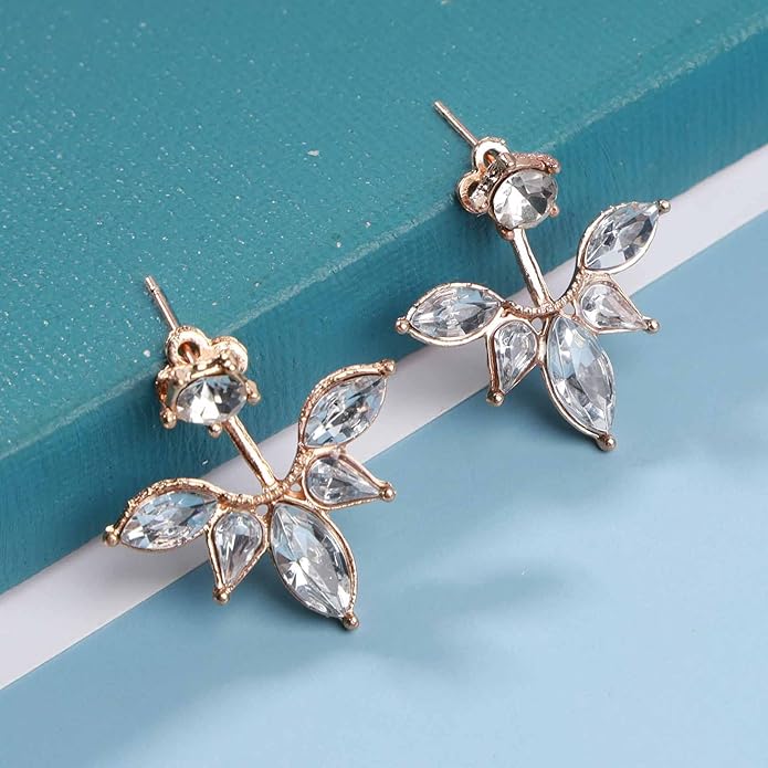 Boho Crystal Lotus Jackets Earrings Gold Crystal Studs Earrings Sparkle Rhinestone Ear Jackets Earrings CZ Ear Climber Earrings Wedding Earrings Jewelry for Women and Girls