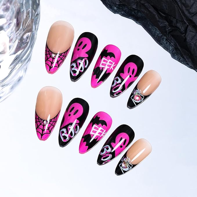 24Pcs Halloween Press on Nails Almond Medium NEWSPIED Hot Pink French Tip Fake Nails with Spiders Rhinestone Design Gothic Bat Ghost False Nails Cute Halloween Glue on Nails for Women Holiday Nail DIY