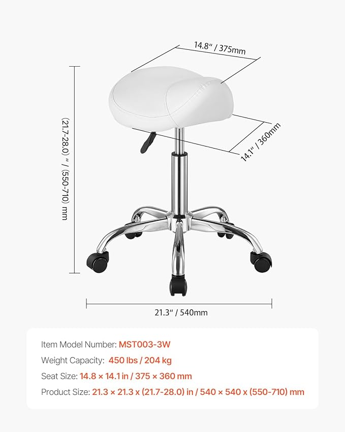 VEVOR Saddle Stool with Wheels, 450 LBS Weight Capacity Ergonomic Rolling Stool, Height Adjustable Thickened PU Leather Swivel Saddle Chair for Salon, Spa, Massage, Tattoo, Clinic, White