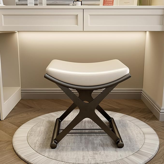 Luxury Modern Vanity Stool with Gold X-Frame Metal Legs, Cream Leather Ottoman Bench Seat for Bathroom, Living Room, Makeup, 17.72 x 14.96 inches (Black)