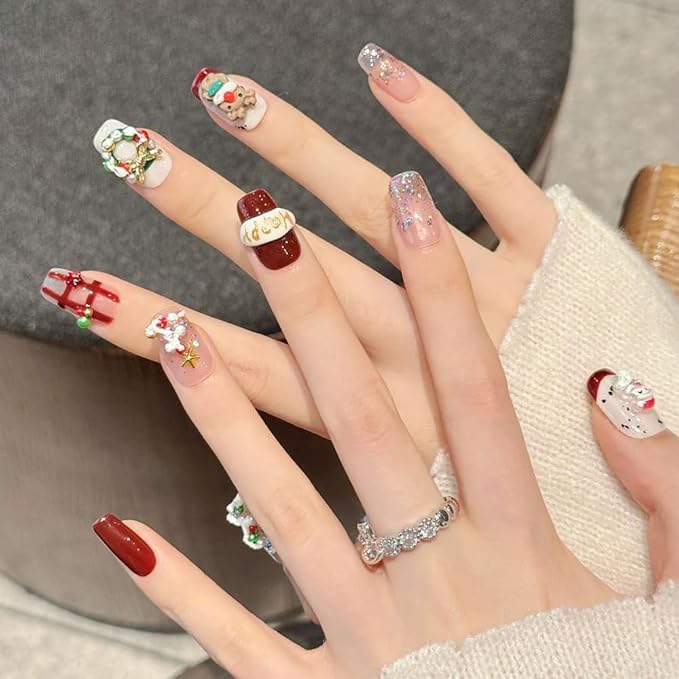 Handmade Press on Nails Long Stiletto Fake Nails Christmas with 3D Elk and Christmas tree Designs Red Glitter Cute Acrylic Nails for Women 10pcs (Size M）