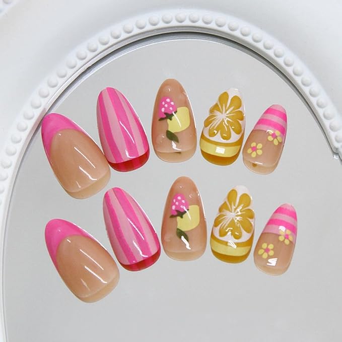 Fruit Press on Nails Short Almond Stick on Nails with 3D Lemon Strawberry Stripe Design Pink French Tip Fake Nails Acrylic Glossy Autumn Glue on Nail for Women Girls Manicure 24Pcs