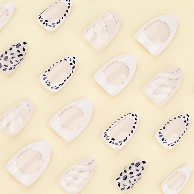 Almond Press on Nails Polka Dots Fake Nails woth Stripe Design Black White Glue on Nails Glossy Full Cover Artificial Acrylic Short Stick on Nail for Women Girls Manicure 24Pcs