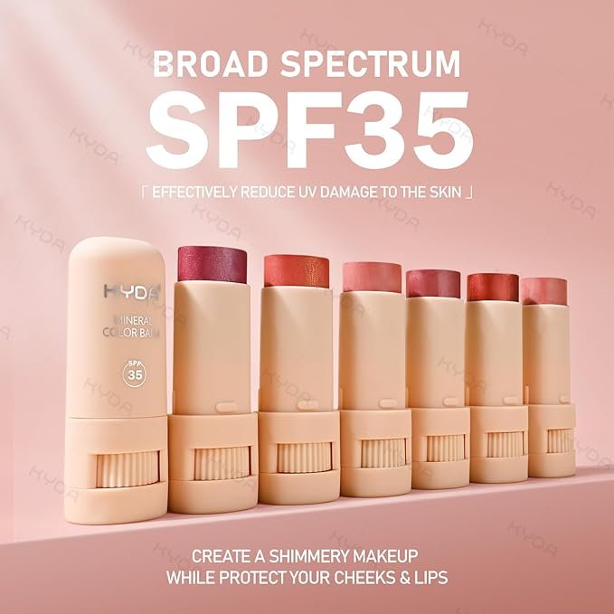 KYDA 3 Colors Mineral Color Balm, Buildable Shimmer Color for Lips and Cheeks, Broad spectrum SPF 35, Natural Shimmer Finish, Lightweight Blendable Creamy, Multiuse Blush Stick, Set A
