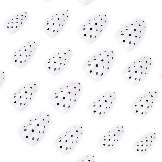 White Almond Press On Nails Short, Cute Fake Nails with Black Polka Dot Detail Design, Glossy Gel Finish Acrylic Nails, Classic Reusable Glue On Nails Kit for Women, 24Pcs
