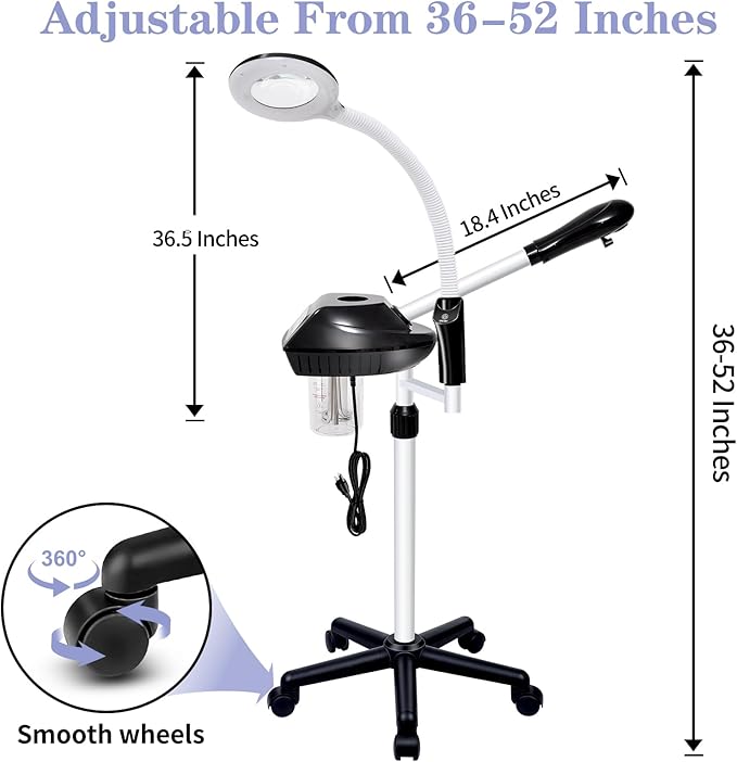 Professional Facial Steamer, 2 in 1 Face Steamer on Wheels, with 5X Magnifying Lamp, Facial Steamer with Time Setting, Stand Face Steamer Adjustable Height for Spa, Salon and at Home use
