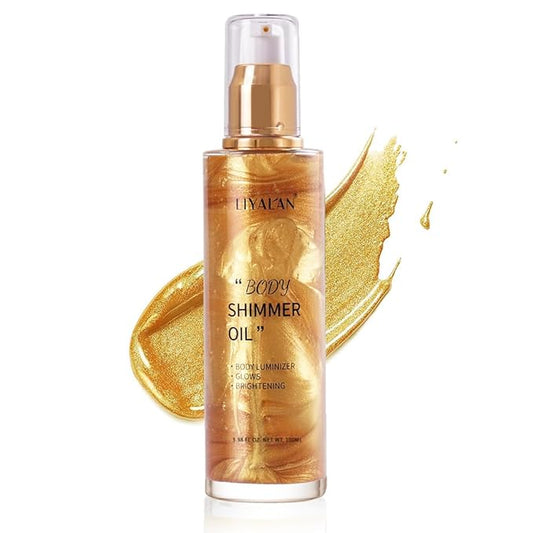 Liyalan Shimmer Body Oil 5 Color Gold 3.38 Fl Oz Face Glow Pearl Highlighter Illuminator Body Makeup Shine Glitter Gold Liquid Taning