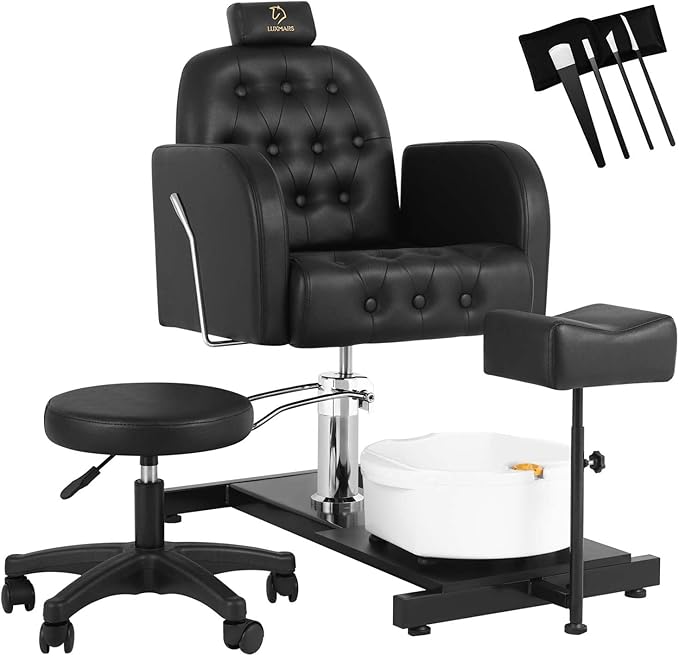 Reclining Pedicure Chair with Foot Massage Basin & Stool, Hydraulic Adjustable Pedicure Chair Station, 360° Rotation Beauty Spa Salon Unit Station Black