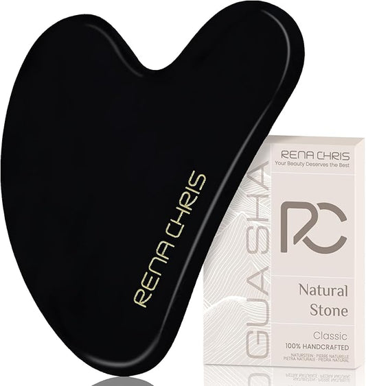 Rena Chris Gua Sha Facial Tools: Natural Obsidian Guasha Tool for Face Acupuncture Therapy, Facial Massager for Jawline Sculpting and Puffiness Reducing (Black)