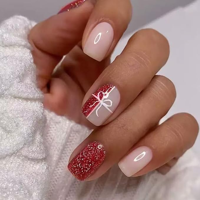 144 Pcs Christmas Press on Nails Short Square Fake Nails with Snowflake False Nails with Designs Elk Glue on Nail Full Cover Winter Xmas Acrylic Stick on Nail for Women Manicure 6 Packs