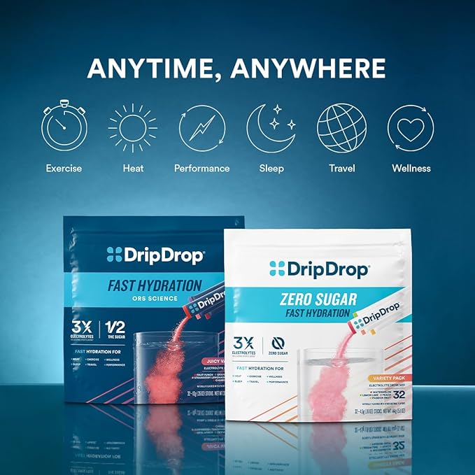 DripDrop Hydration Packets - Juicy Variety Pack - Single Serve Electrolytes Powder Drink Mix - Grape, Fruit Punch, Strawberry Lemonade, Cherry - Non-GMO, Gluten Free, Vegan - 32 Sticks