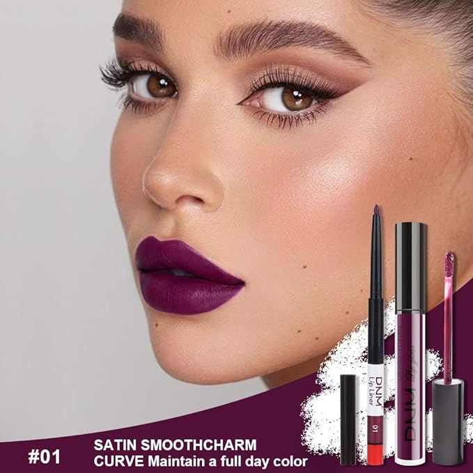 evpct 2Pcs Purple Plum Matte 24-hour Liquid Lipstick and Lip Liner Pencil Makeup Set Women Dark Red Bright Berry Liquid Lipstick Matte Lip Tint 24H and with Lip Liner Set Waterproof Long Lasting 1