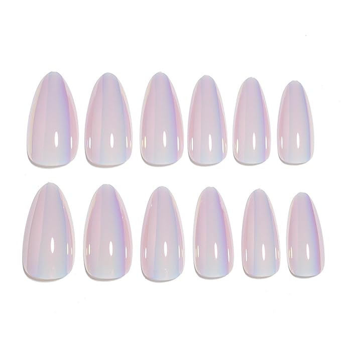 Medium Press on Nails Aurora Almond Fake Nails Chrome False Nails with Soft Gel Glue on Nails Purple Pink Sparkly Acrylic Nails Full Cover Glossy Nails Decorations