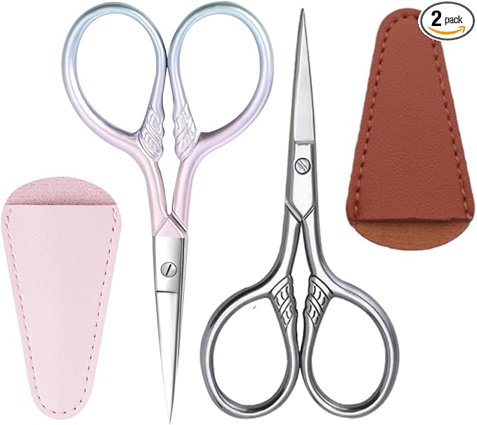 2 Pcs Eyebrow Scissors for Women Men, 3.5 Inch Professional Beauty Mini Scissors, Suitable for Facial Hair, Eyebrows, Beards, Ears, Nose and Beards, Stainless, Steel Straight Head(Pink and Silver)