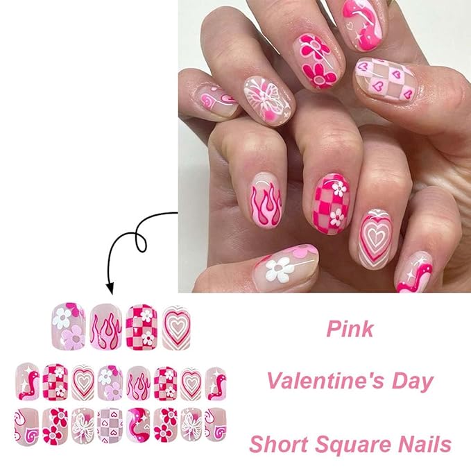 24Pcs Square Press on Nails Short Fake Nails Flame with Heart Flower Butterfly Design Cute False Nails Pink Glue on Nails Glossy Valentines Acrylic Artificial Nails Glossy Stick on Nails for Women